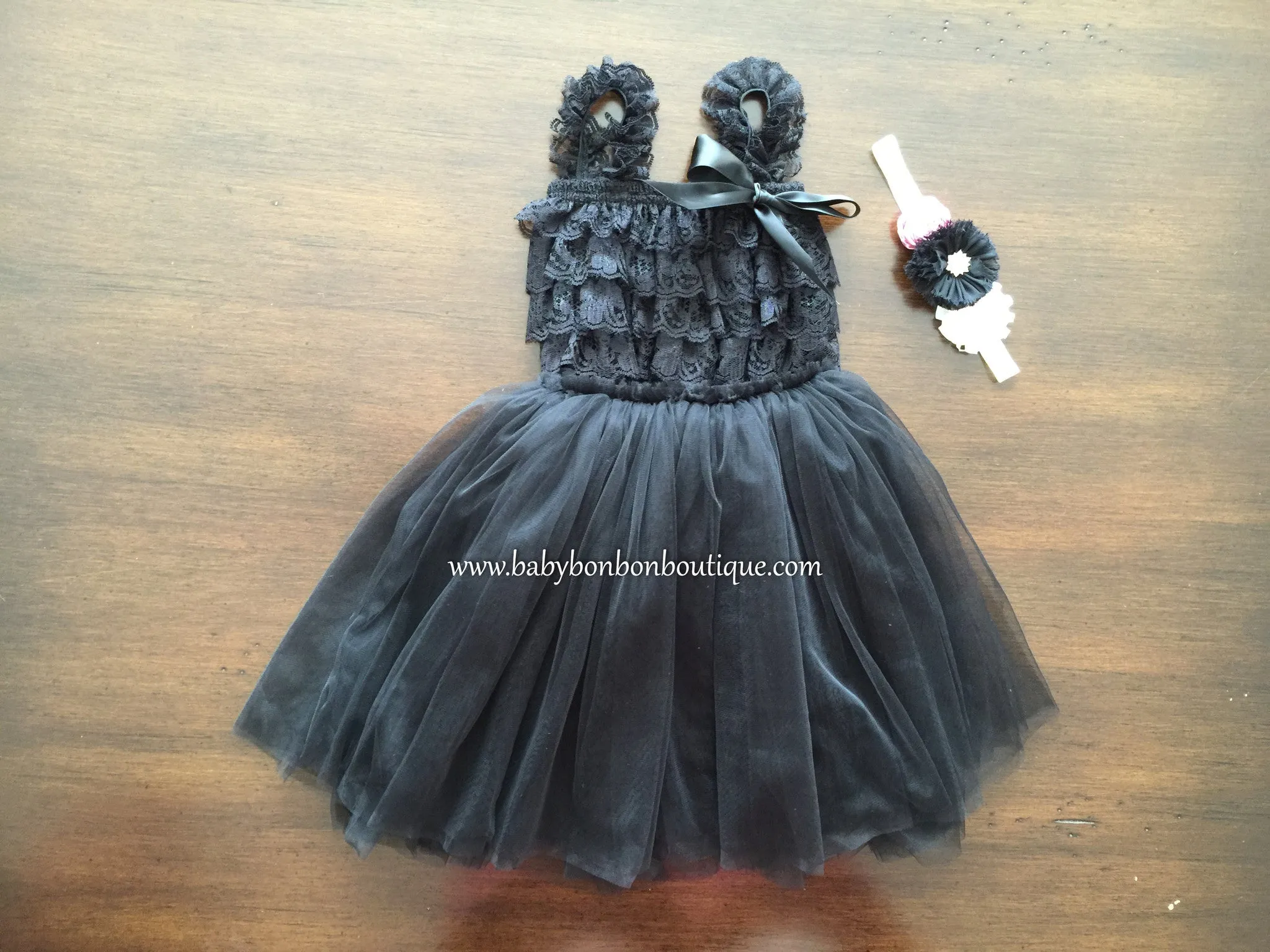 Smoky Gray Baby Ballerina Skirt and Lace Romper