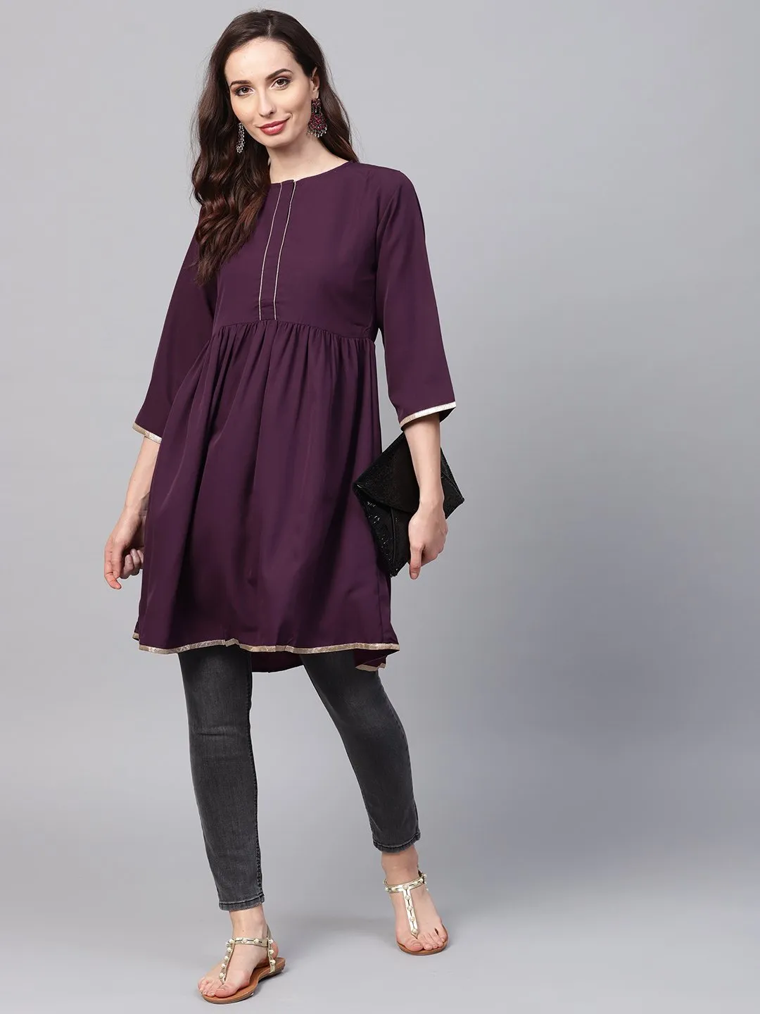 Solid Burgundy Tunic Emblished With Gota & 3/4 Sleeves