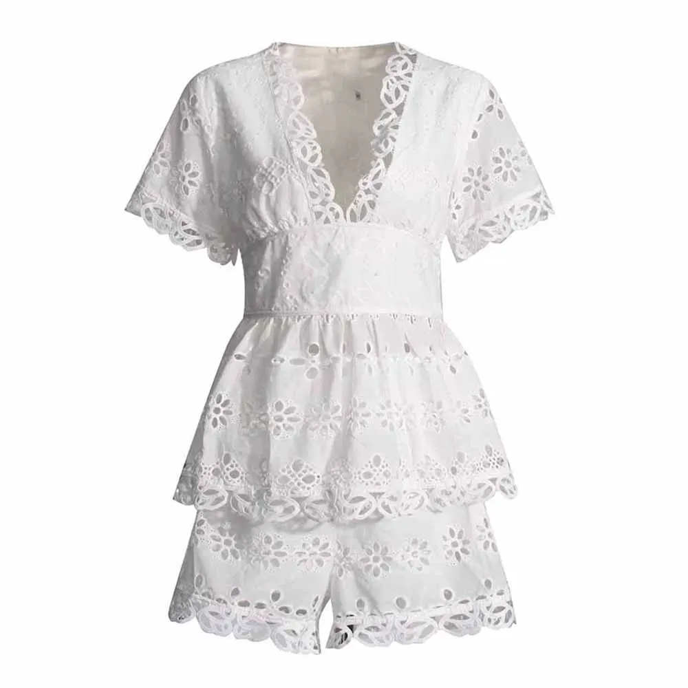 Solid Embroidery Two Piece Set For Women V Neck Short Sleeve Tunic Top High Waist Loose Shorts Casual Sets Female Fashion