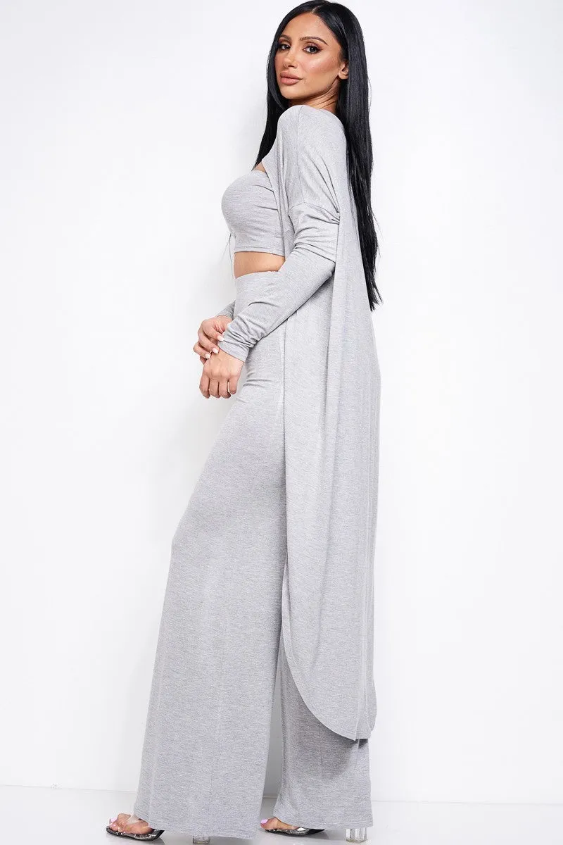 Solid Heavy Rayon Spandex Tube Top, Long Sleeve Cape Top And Wide Leg Pants 3 Piece Set