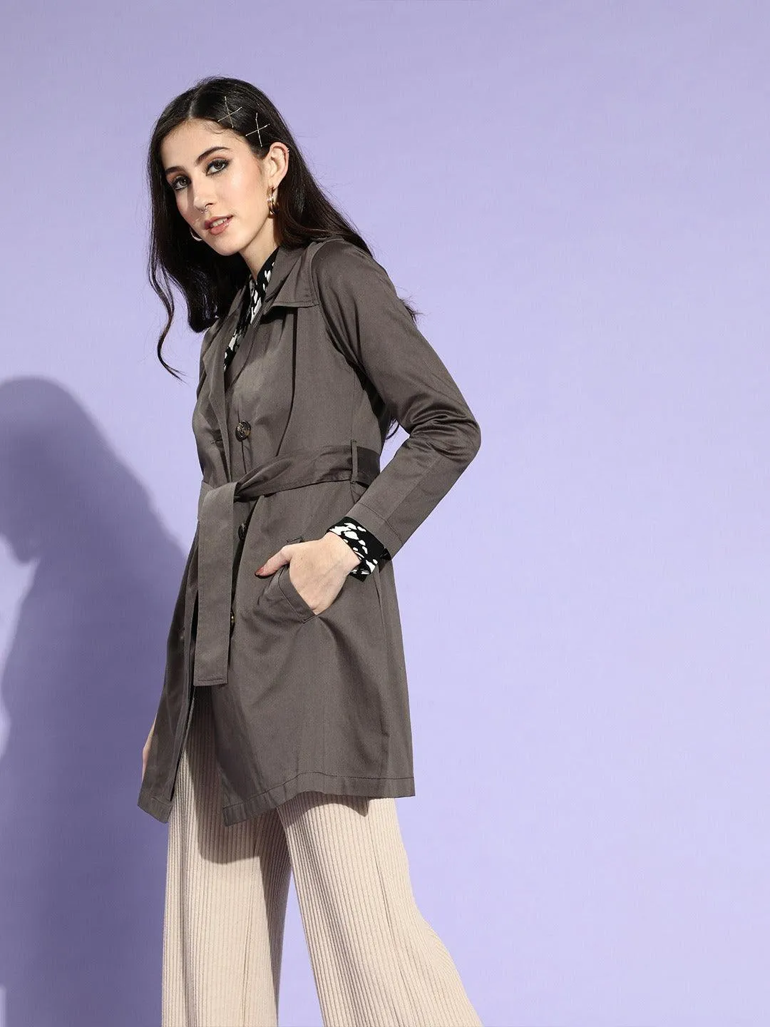 Style Quotient Women Grey Solid Double Breasted Trench Coat