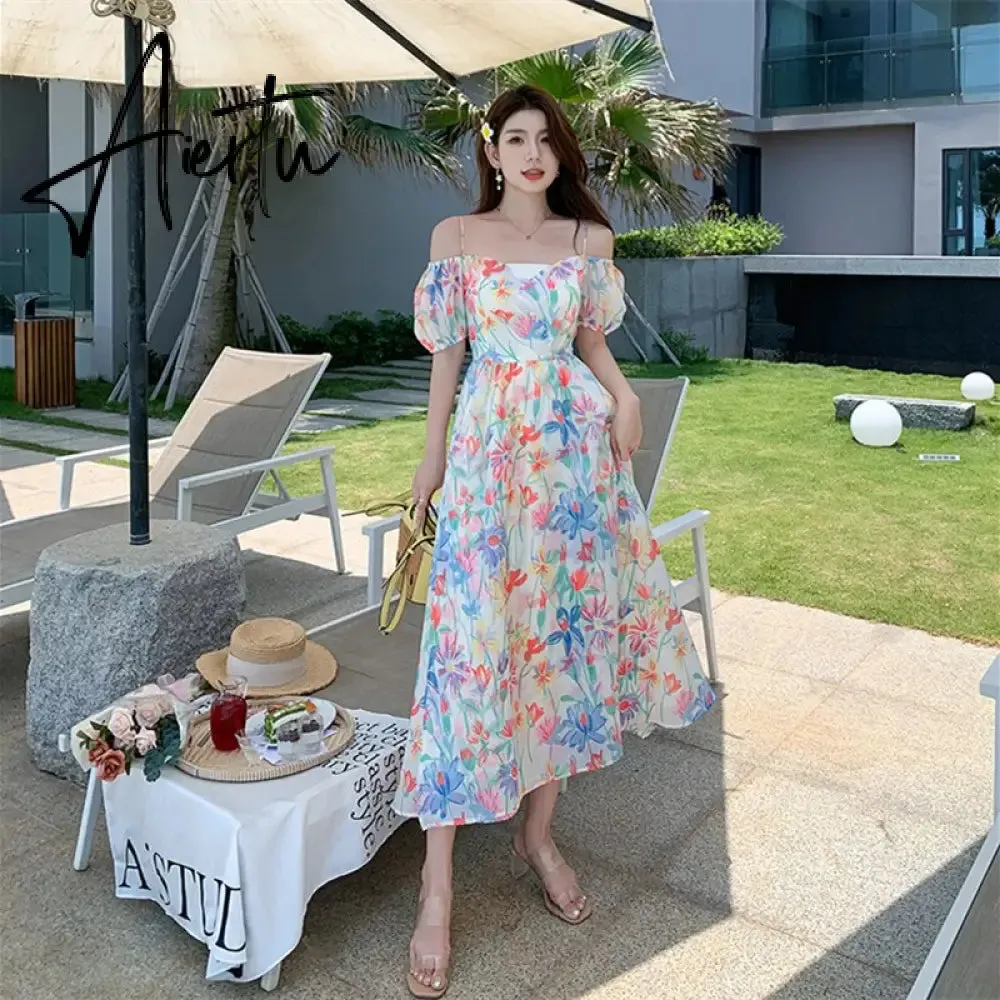 Summer French Vintage Floral  Beach Dress Puff Sleeve Sexy Backless Slip Dresses Elegant Temperament Korea Long Dress