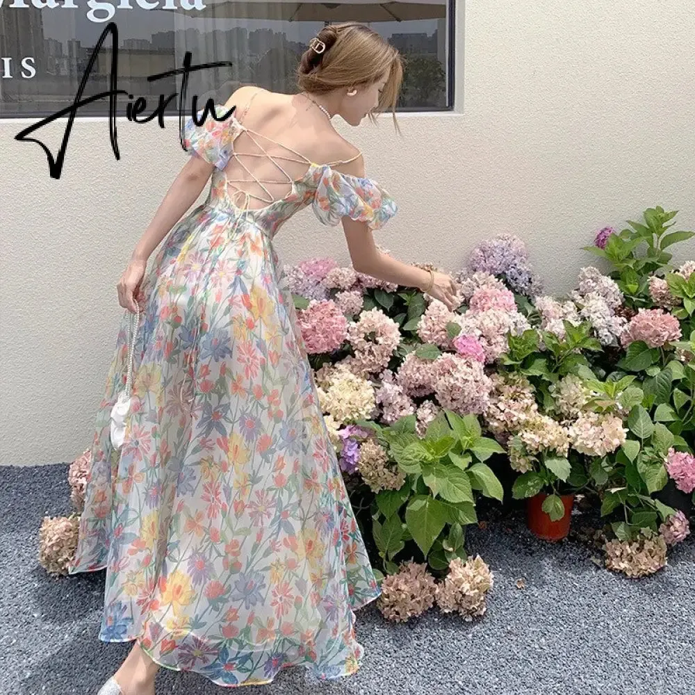 Summer French Vintage Floral  Beach Dress Puff Sleeve Sexy Backless Slip Dresses Elegant Temperament Korea Long Dress