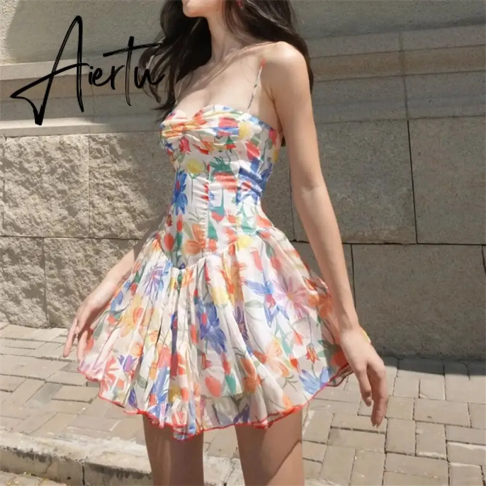 Summer French Vintage Floral  Beach Dress Puff Sleeve Sexy Backless Slip Dresses Elegant Temperament Korea Long Dress