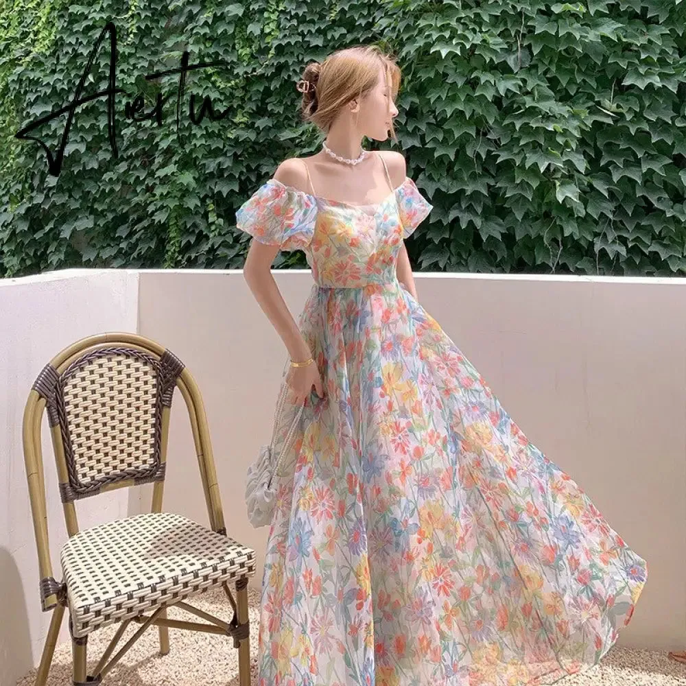 Summer French Vintage Floral  Beach Dress Puff Sleeve Sexy Backless Slip Dresses Elegant Temperament Korea Long Dress