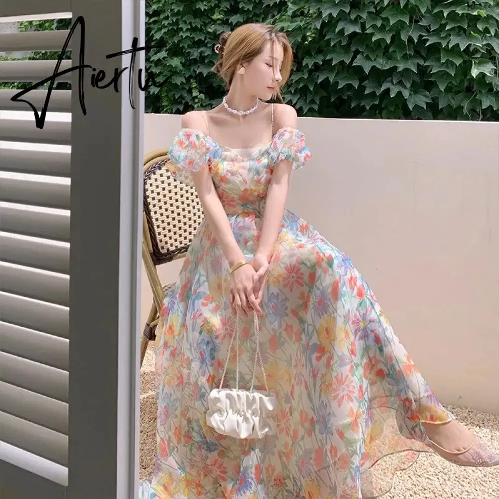 Summer French Vintage Floral  Beach Dress Puff Sleeve Sexy Backless Slip Dresses Elegant Temperament Korea Long Dress