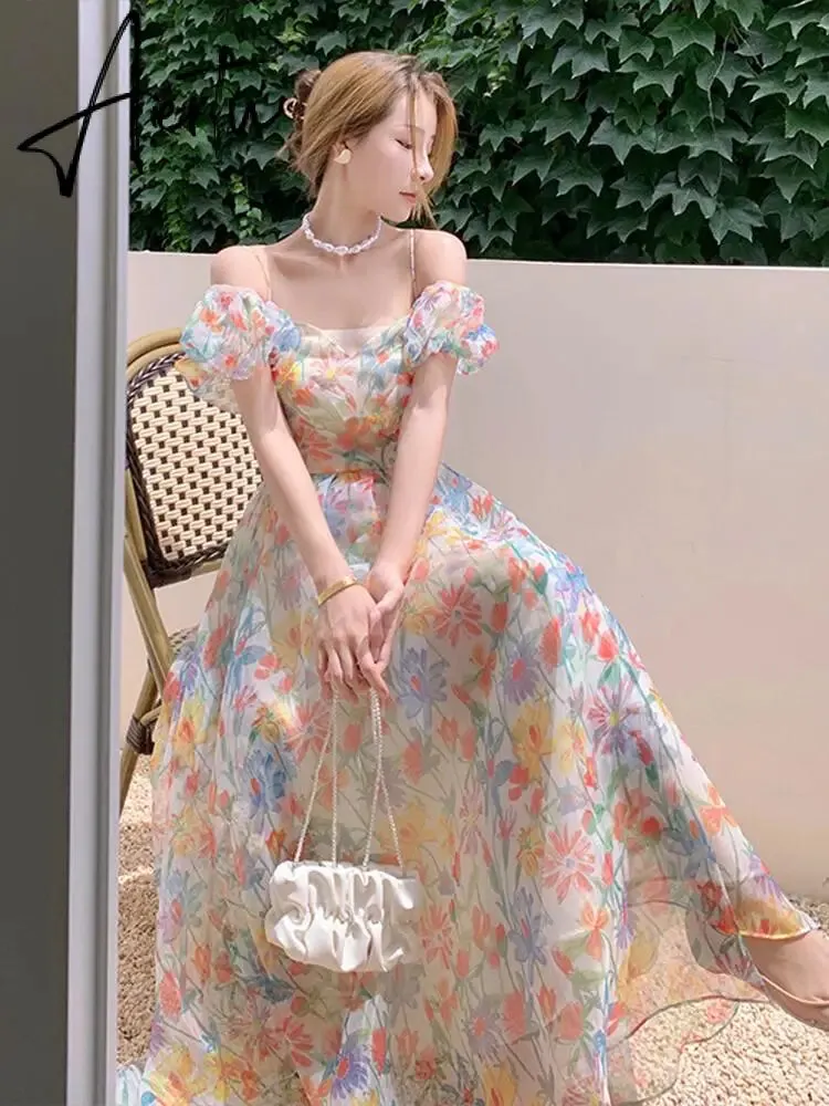 Summer French Vintage Floral  Beach Dress Puff Sleeve Sexy Backless Slip Dresses Elegant Temperament Korea Long Dress