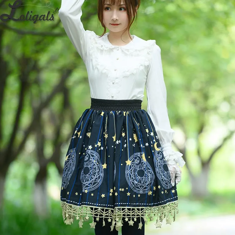 Sweet Short Skirt Navy Blue Magic Circle Printed A line Lolita Skirt w. Tassels