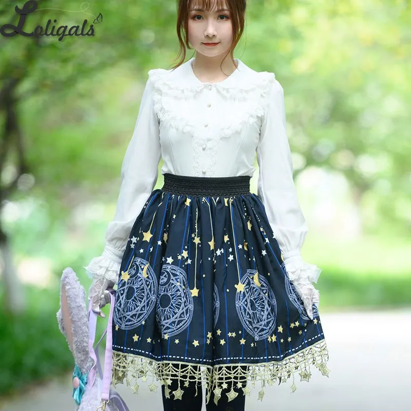 Sweet Short Skirt Navy Blue Magic Circle Printed A line Lolita Skirt w. Tassels