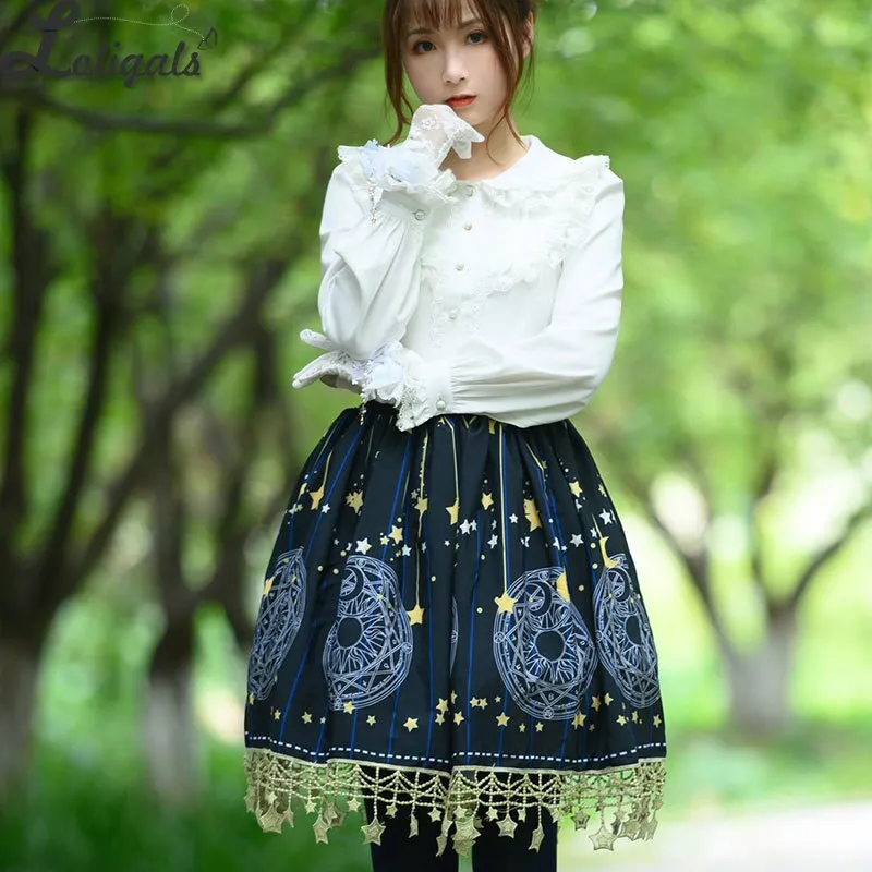 Sweet Short Skirt Navy Blue Magic Circle Printed A line Lolita Skirt w. Tassels