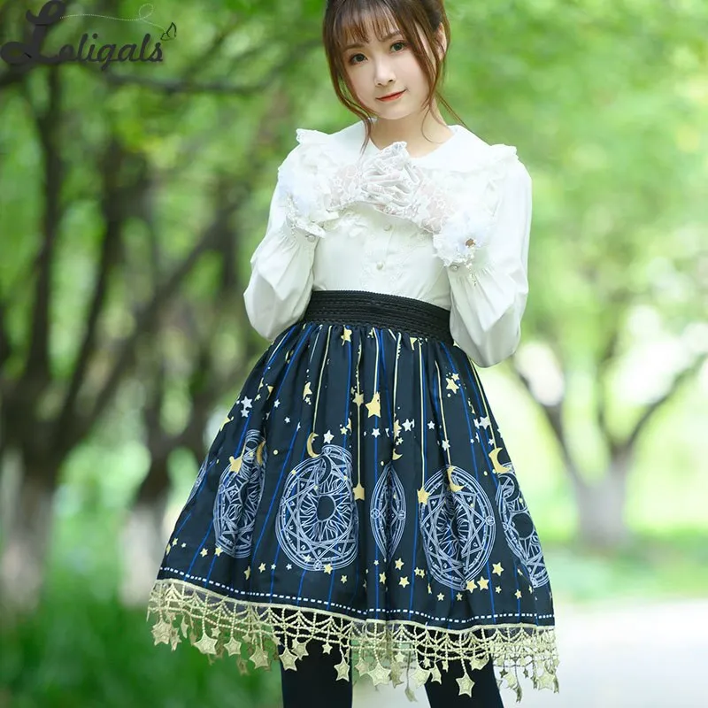 Sweet Short Skirt Navy Blue Magic Circle Printed A line Lolita Skirt w. Tassels