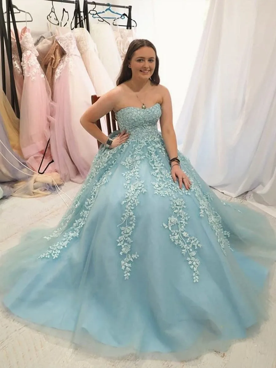 Sweetheart Neck Strapless Blue Lace Long Prom, Ice Blue Lace Formal Graduation Evening