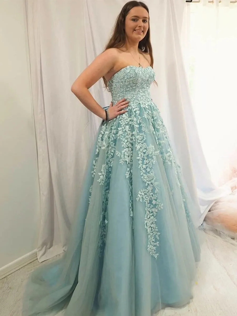 Sweetheart Neck Strapless Blue Lace Long Prom, Ice Blue Lace Formal Graduation Evening