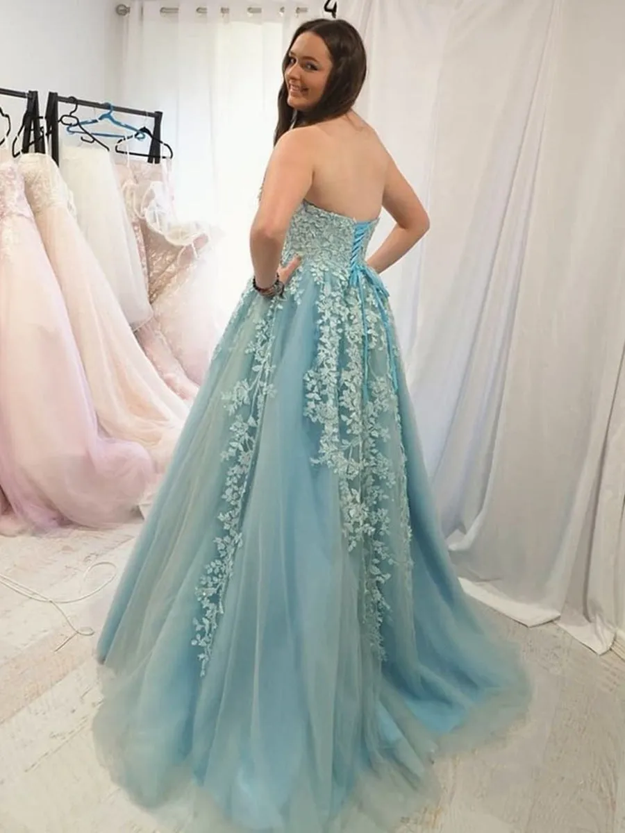 Sweetheart Neck Strapless Blue Lace Long Prom, Ice Blue Lace Formal Graduation Evening