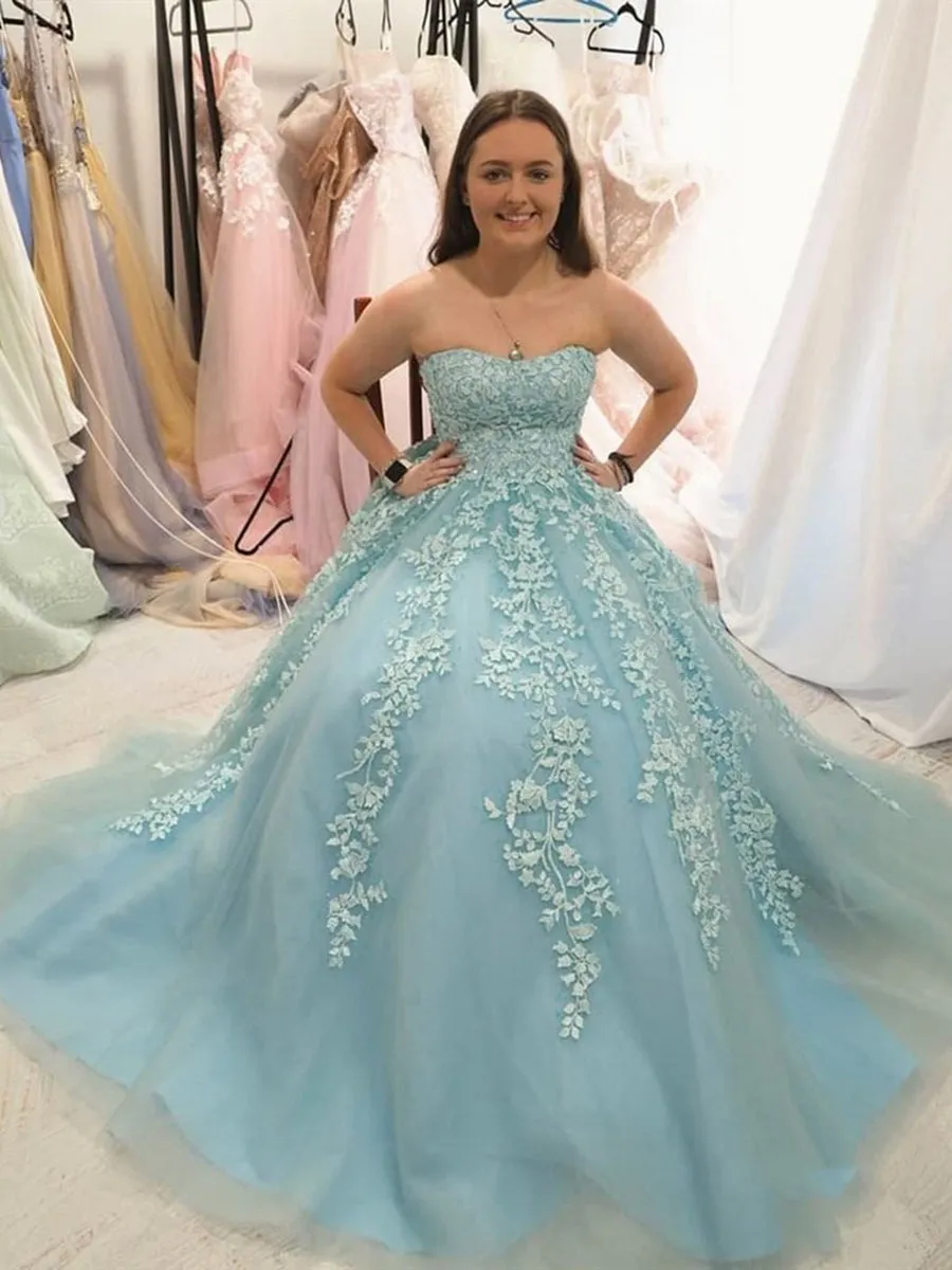 Sweetheart Neck Strapless Blue Lace Long Prom, Ice Blue Lace Formal Graduation Evening