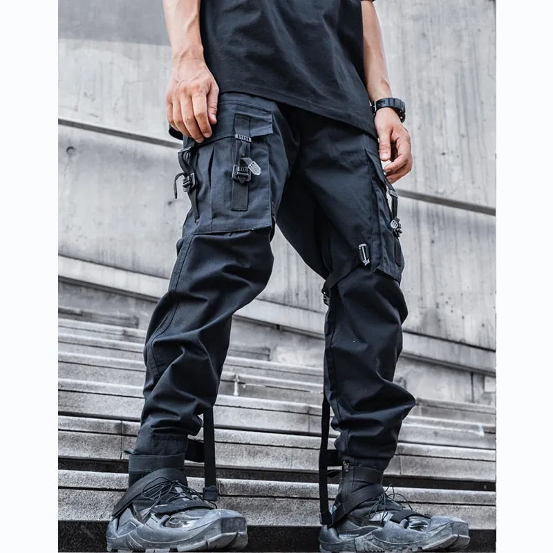 Tactical Functional Cargo Pants Joggers Men Black Ribbon Design Trousers Hip Hop Streetwear Multi-pocket Pants Techwear WB351