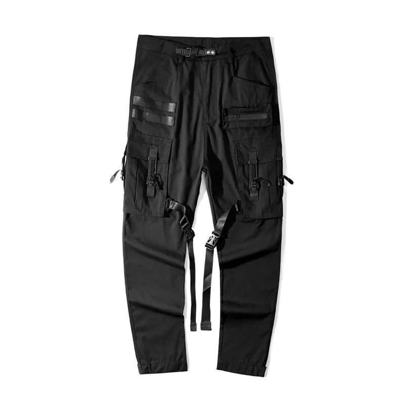 Tactical Functional Cargo Pants Joggers Men Black Ribbon Design Trousers Hip Hop Streetwear Multi-pocket Pants Techwear WB351