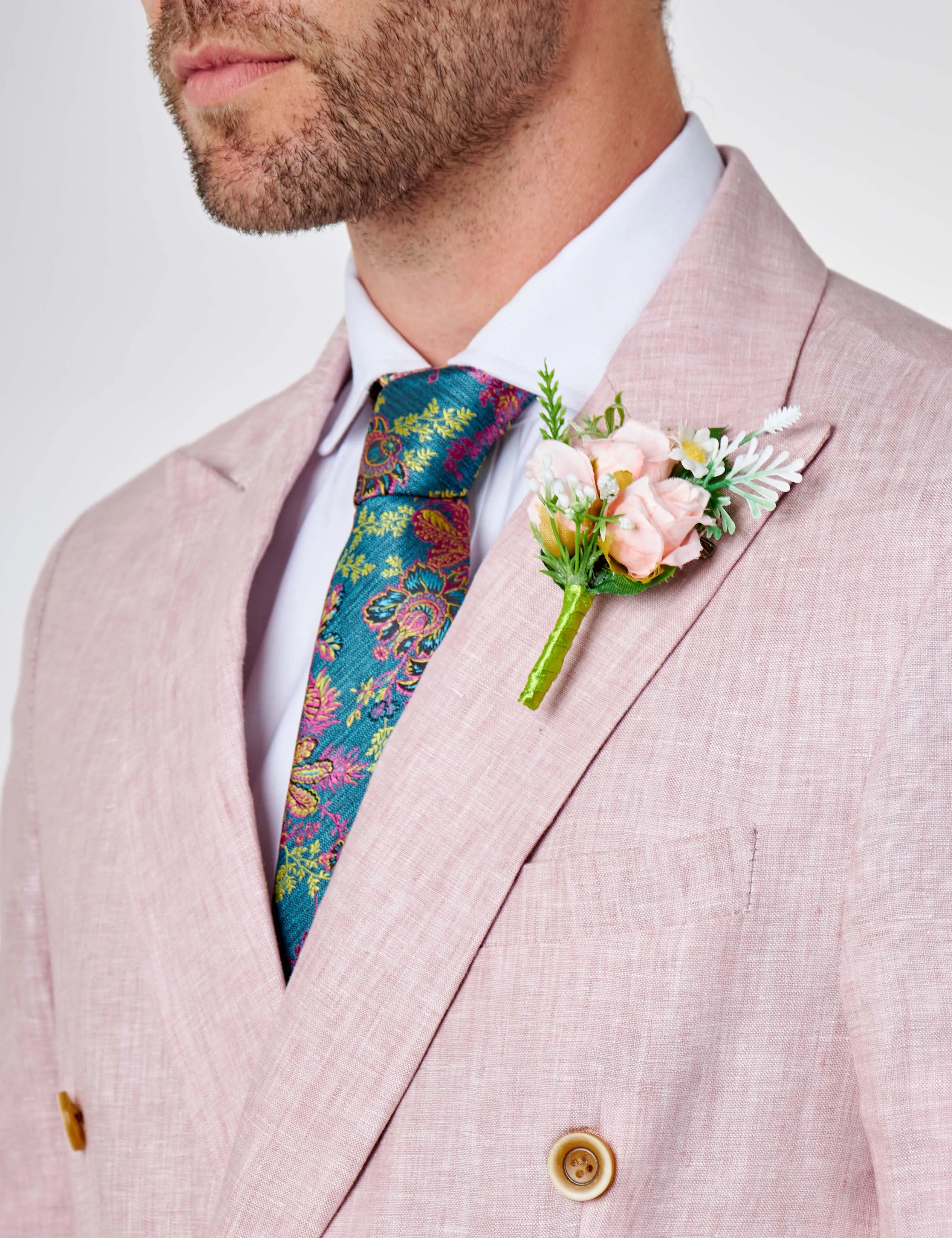 Tailored Fit Double Breasted Pink Linen Suit