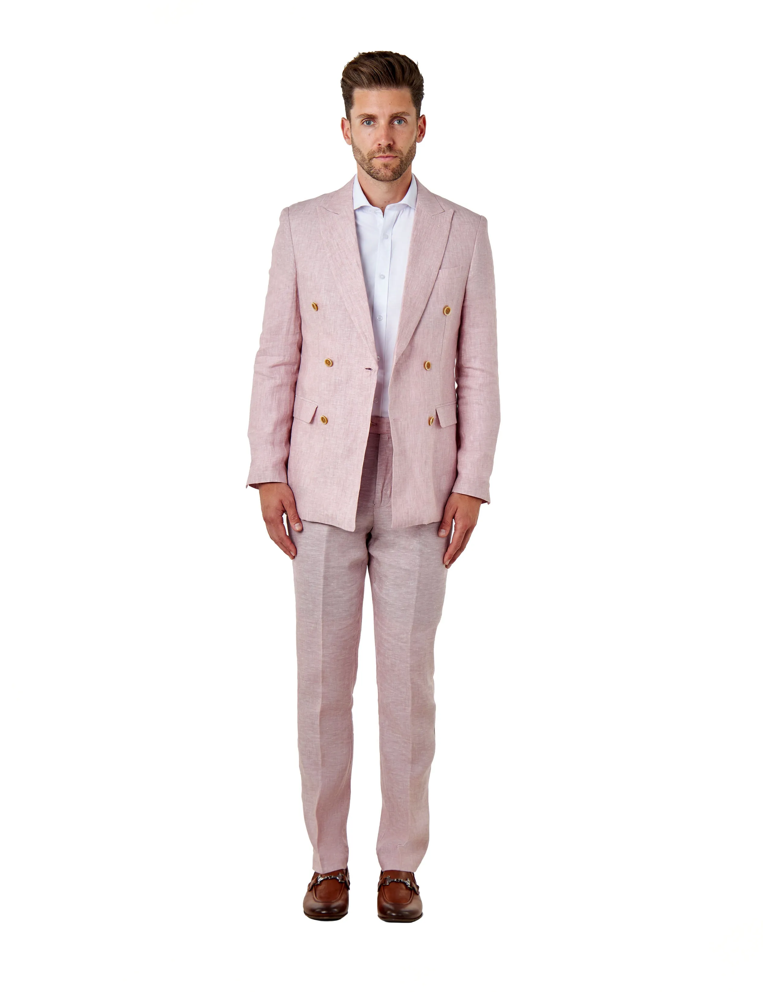 Tailored Fit Double Breasted Pink Linen Suit