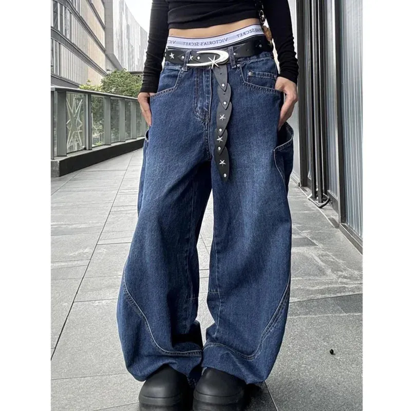 TAVIMART  -  Blue Women's Jeans Hip-hop Fashion Vintage Streetwear Y2K Wide Leg Straight Jean High Waist Trouser Baggy Cargo Denim Pants