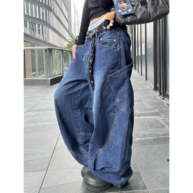 TAVIMART  -  Blue Women's Jeans Hip-hop Fashion Vintage Streetwear Y2K Wide Leg Straight Jean High Waist Trouser Baggy Cargo Denim Pants