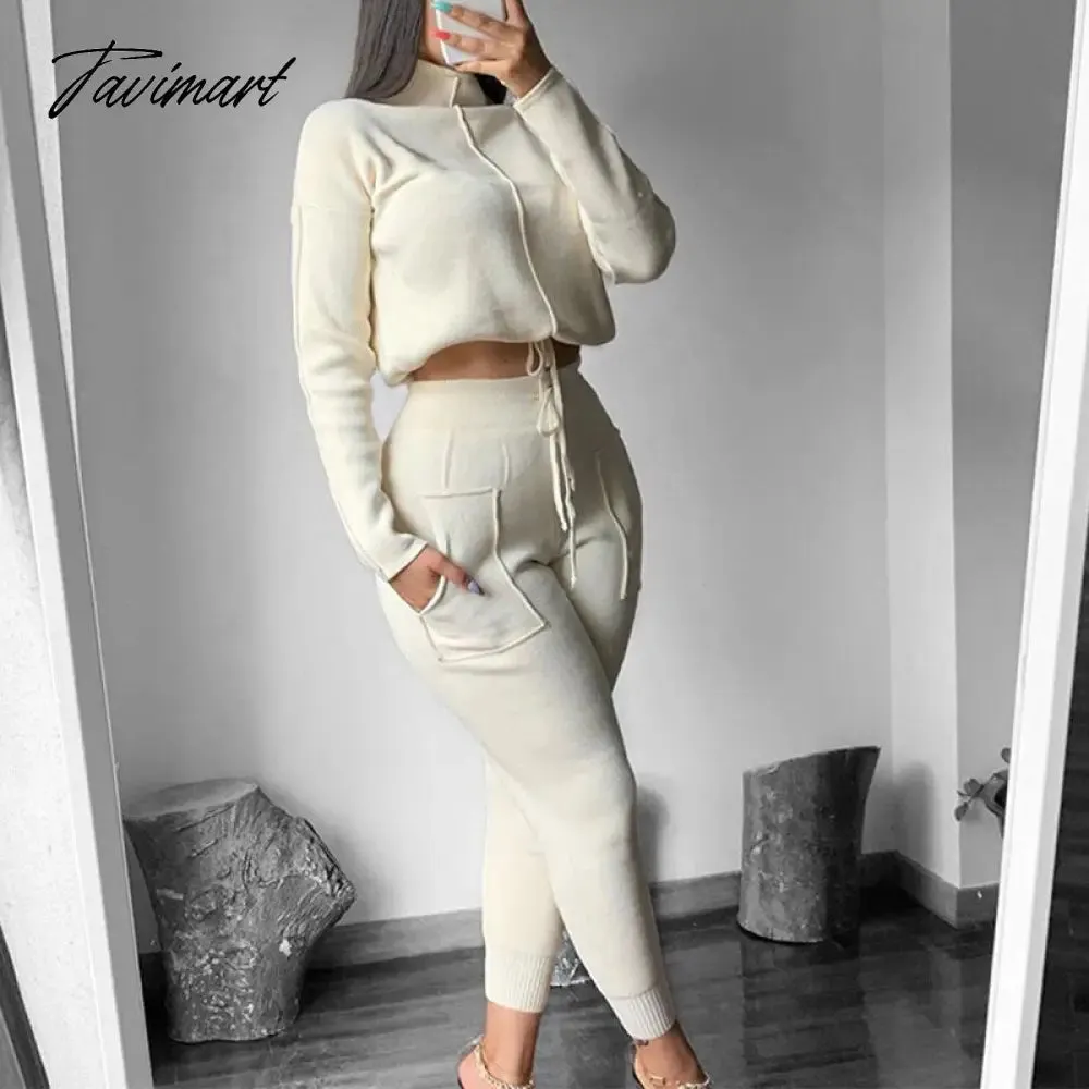 Tavimart Women Sweater Suit Track Costume 2 Pieces Sets Casual Autumn Winter Turtleneck Pullovers And Long Knitted Pants Knitted Sets