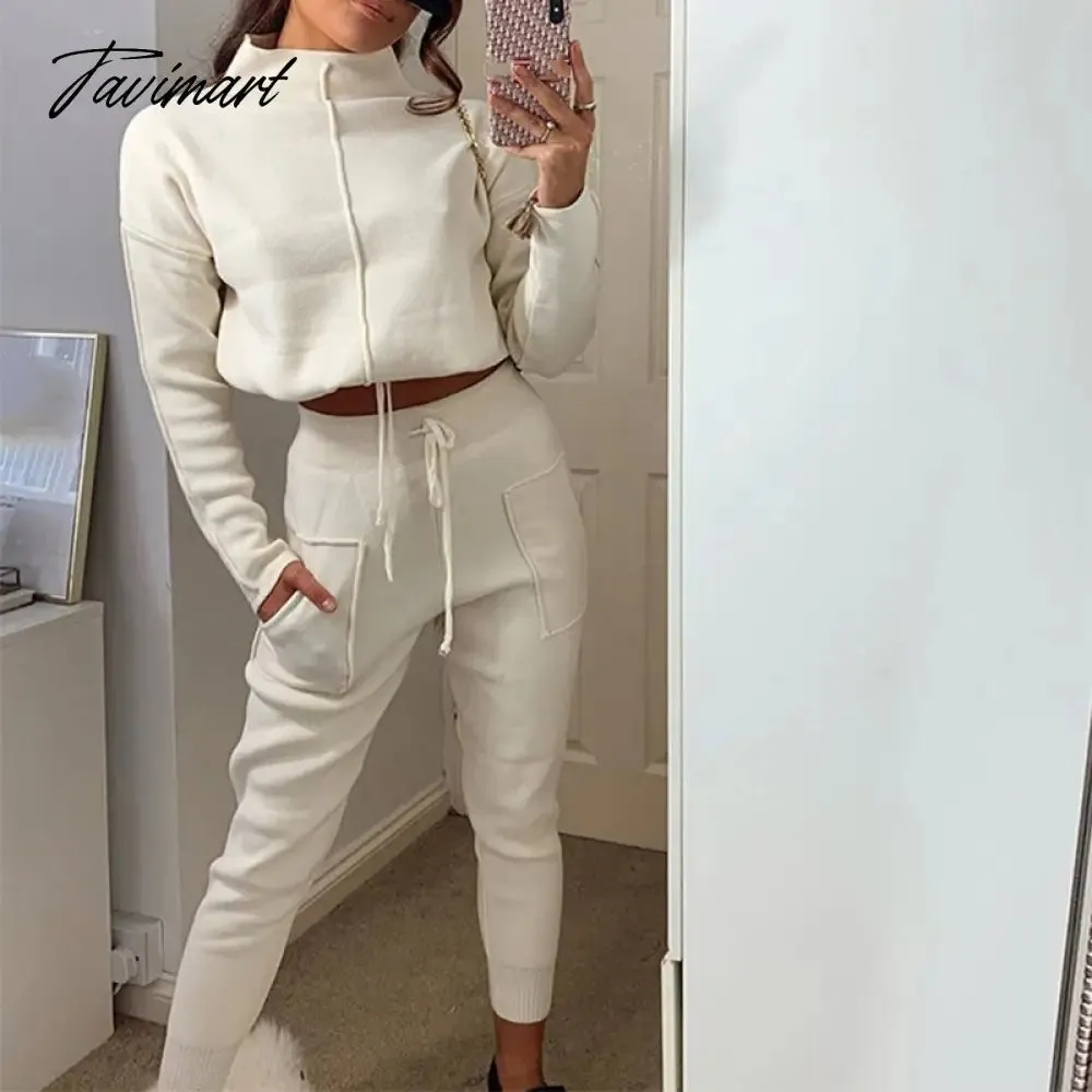 Tavimart Women Sweater Suit Track Costume 2 Pieces Sets Casual Autumn Winter Turtleneck Pullovers And Long Knitted Pants Knitted Sets