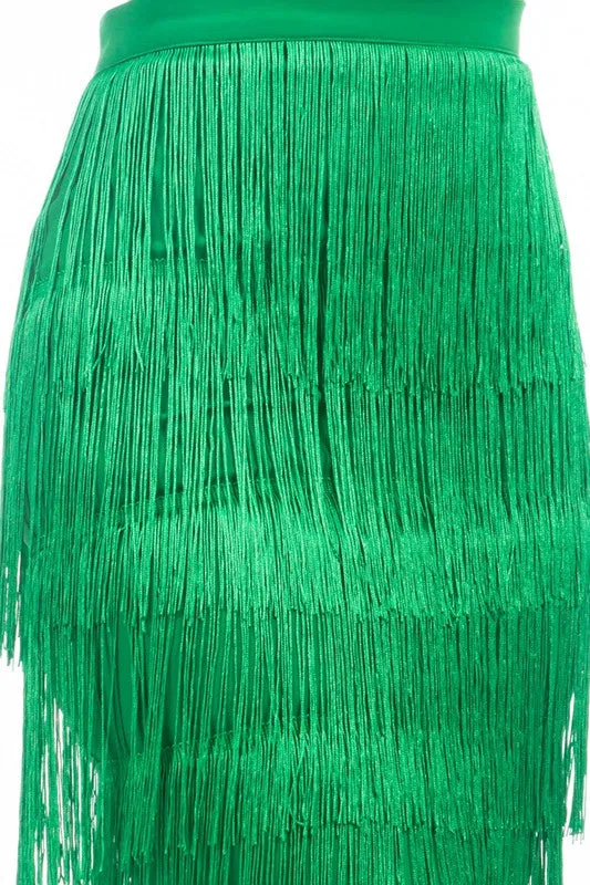 TEEK - GREEN TIERED FRINGE LONG SKIRT