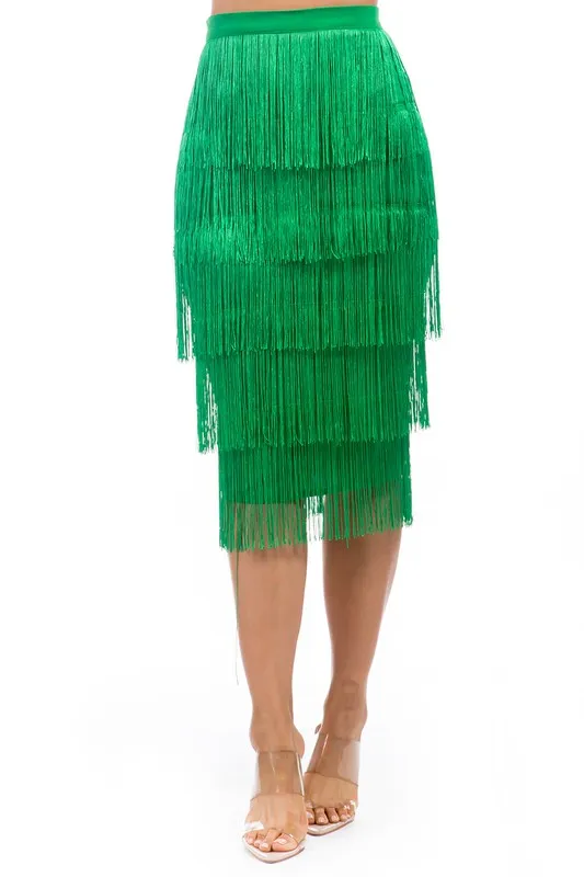 TEEK - GREEN TIERED FRINGE LONG SKIRT