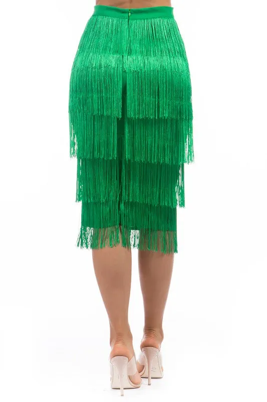 TEEK - GREEN TIERED FRINGE LONG SKIRT