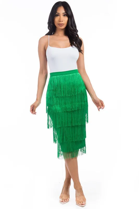 TEEK - GREEN TIERED FRINGE LONG SKIRT