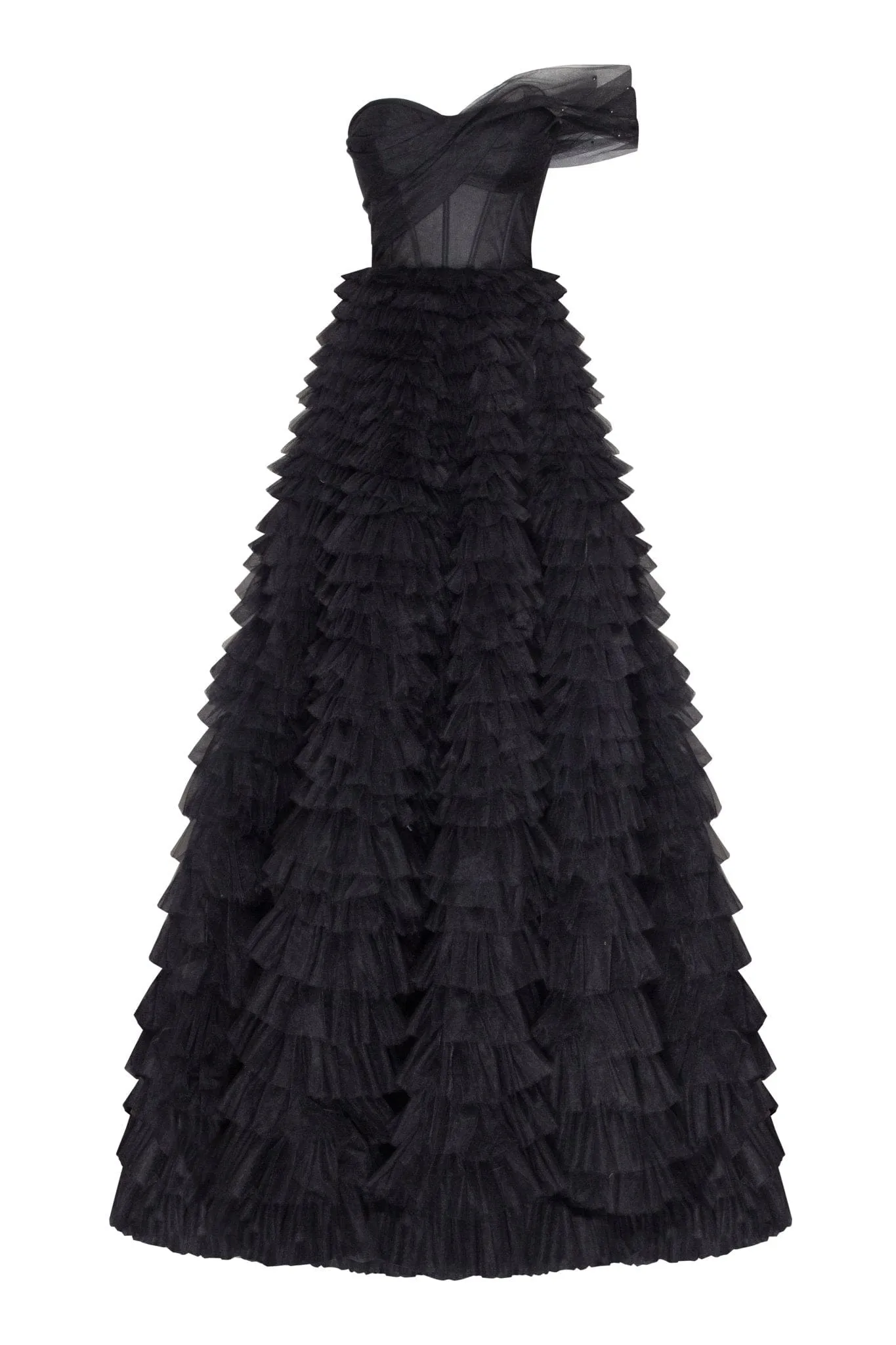 Timeless one-shoulder frill-layered ball gown in black