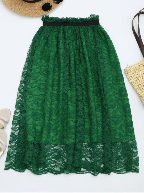 Trendy Ruffle Hem Lace Flare Skirt