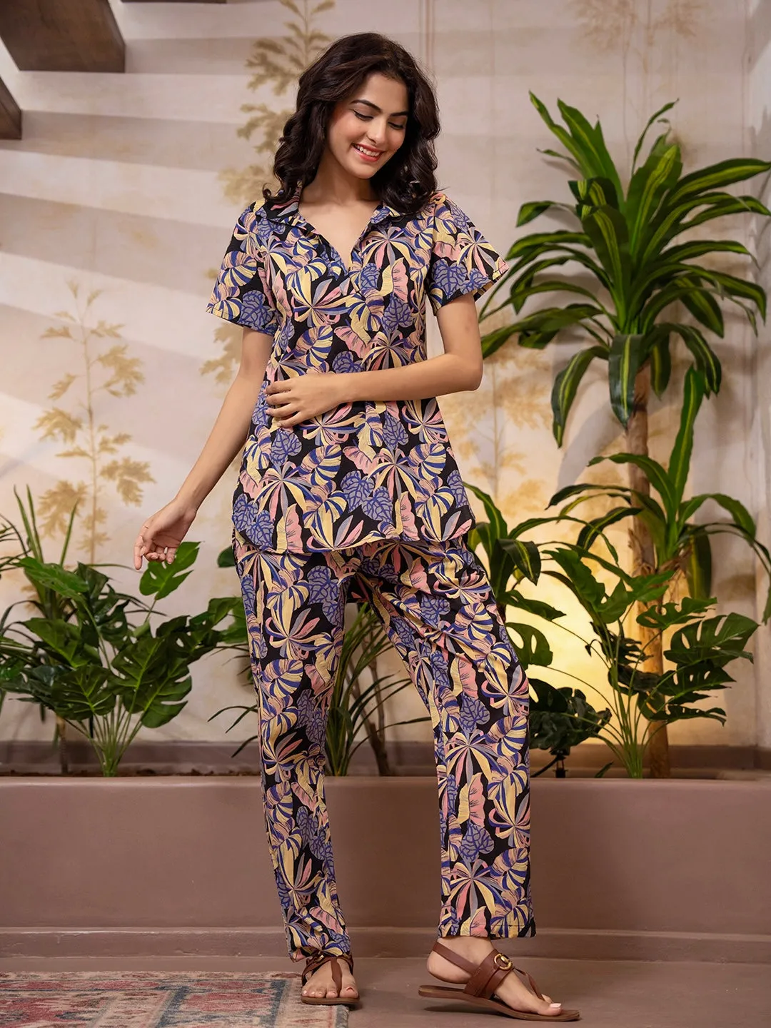 Tropical Noir Bloom Short Sleeve Co-Ord Set