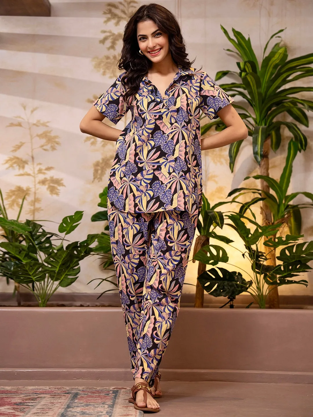 Tropical Noir Bloom Short Sleeve Co-Ord Set