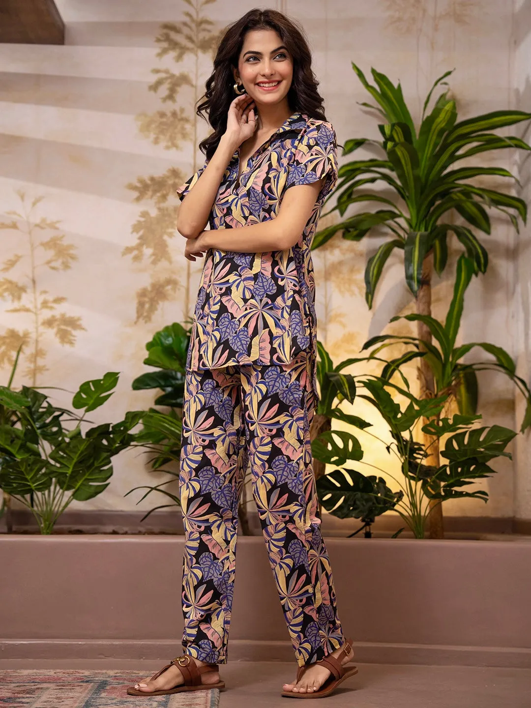 Tropical Noir Bloom Short Sleeve Co-Ord Set