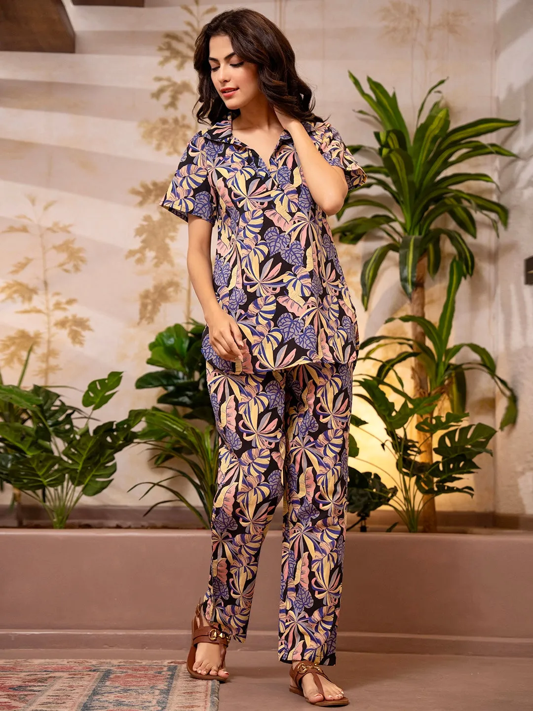 Tropical Noir Bloom Short Sleeve Co-Ord Set