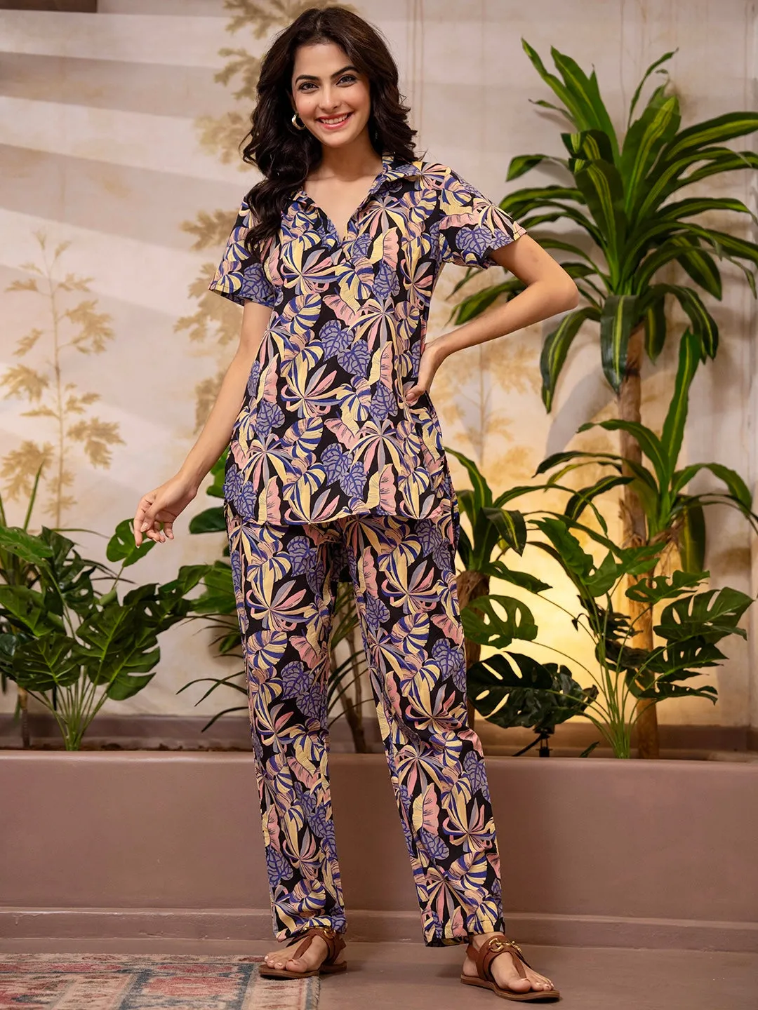 Tropical Noir Bloom Short Sleeve Co-Ord Set