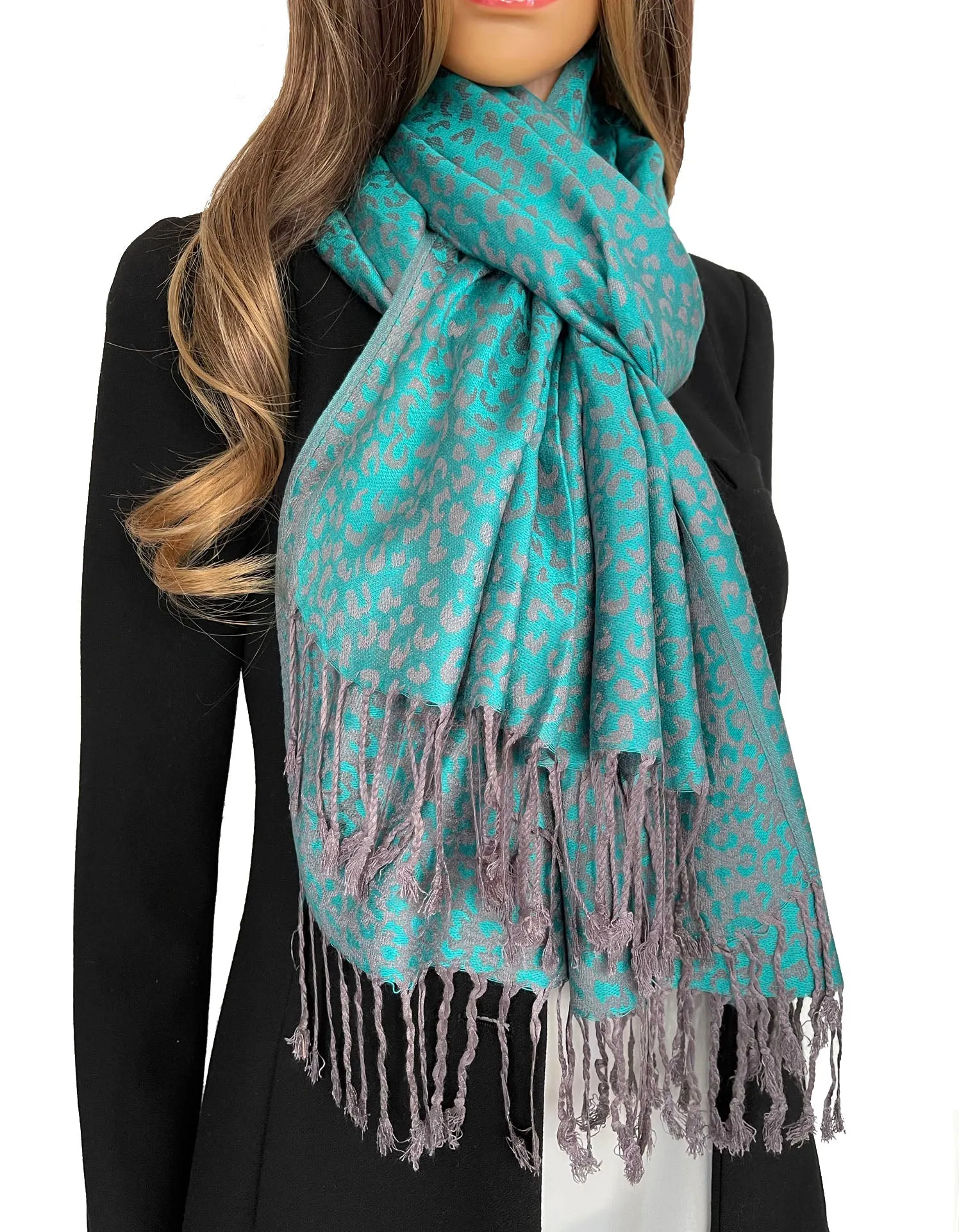 TURQUOISE SMALL LEOPARD PRINT REVERSIBLE PASHMINA SHAWL SCARF