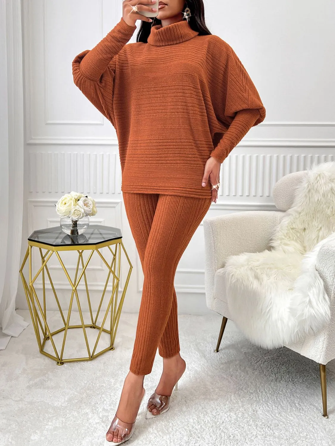 Turtleneck Batwing Sleeve Top and Pants Set