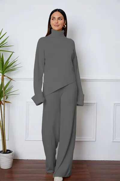 Turtleneck Dropped Shoulder Top and Pants Sweater Set