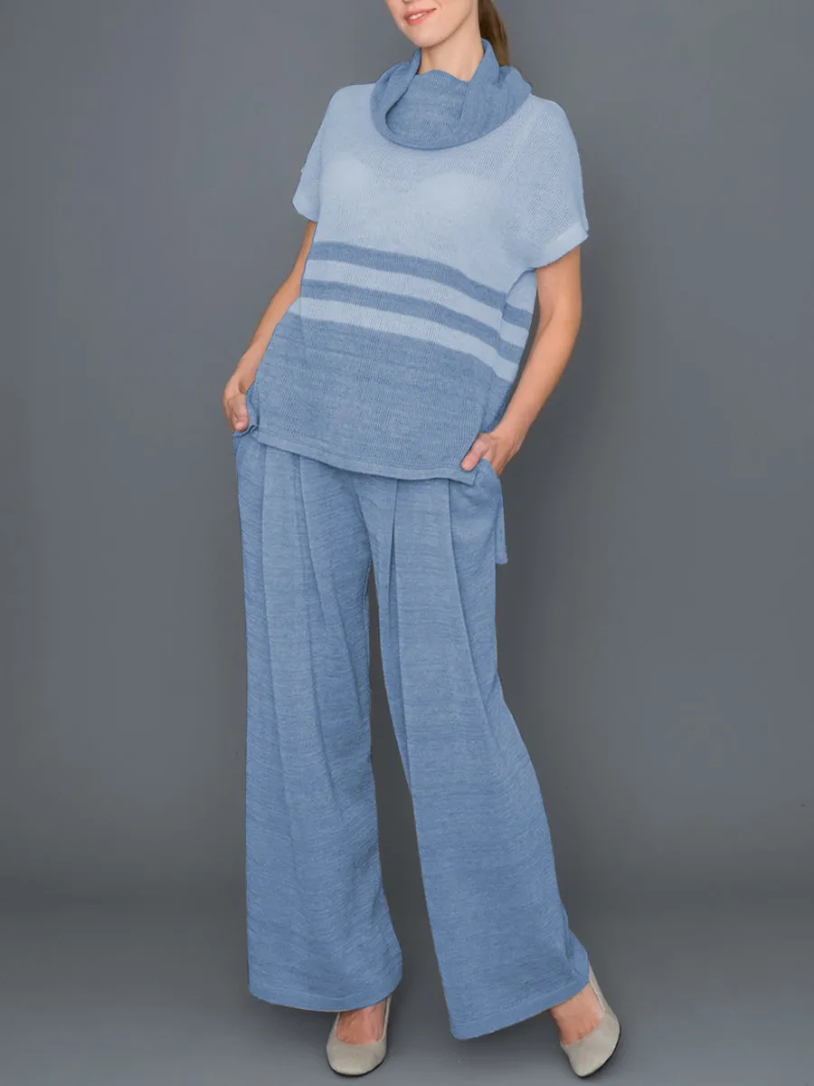 Turtleneck Striped Short Sleeve Top Pants Suit