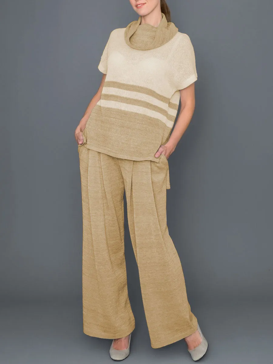 Turtleneck Striped Short Sleeve Top Pants Suit