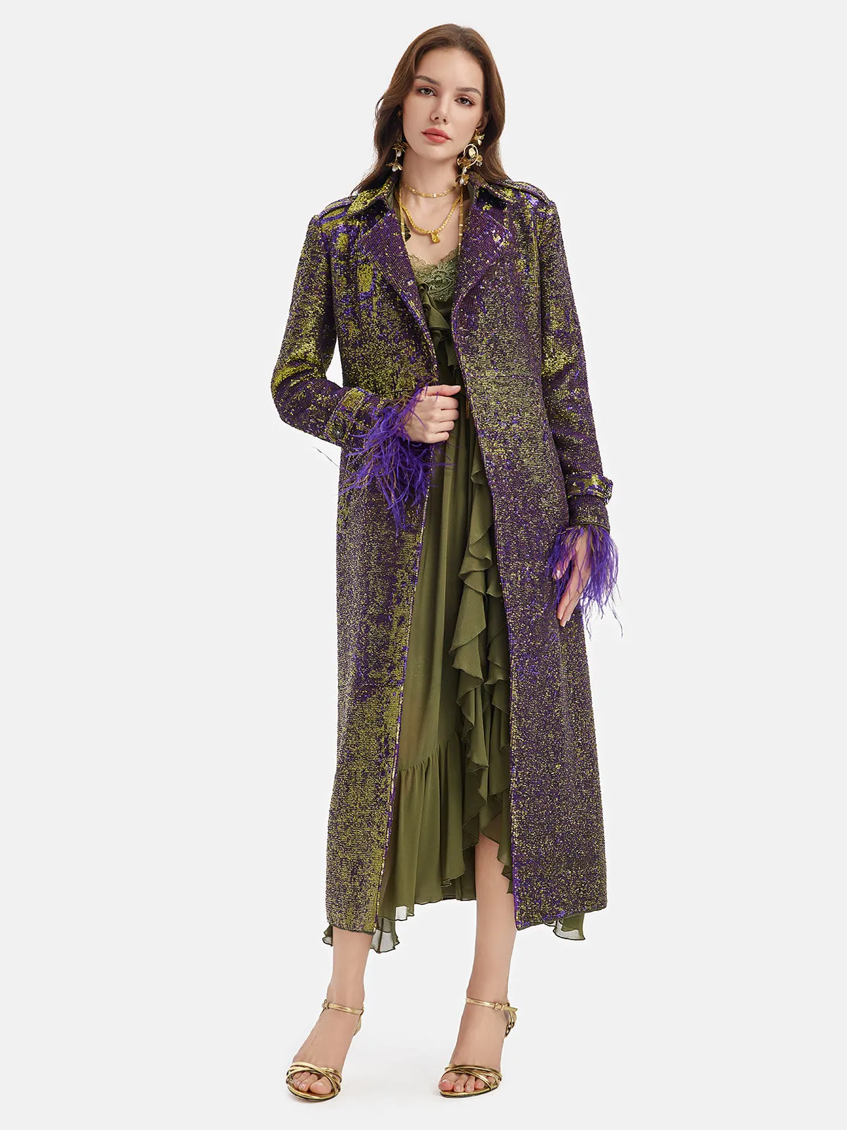 Two-Tone Sequin Ostrich Feather Trench Coat