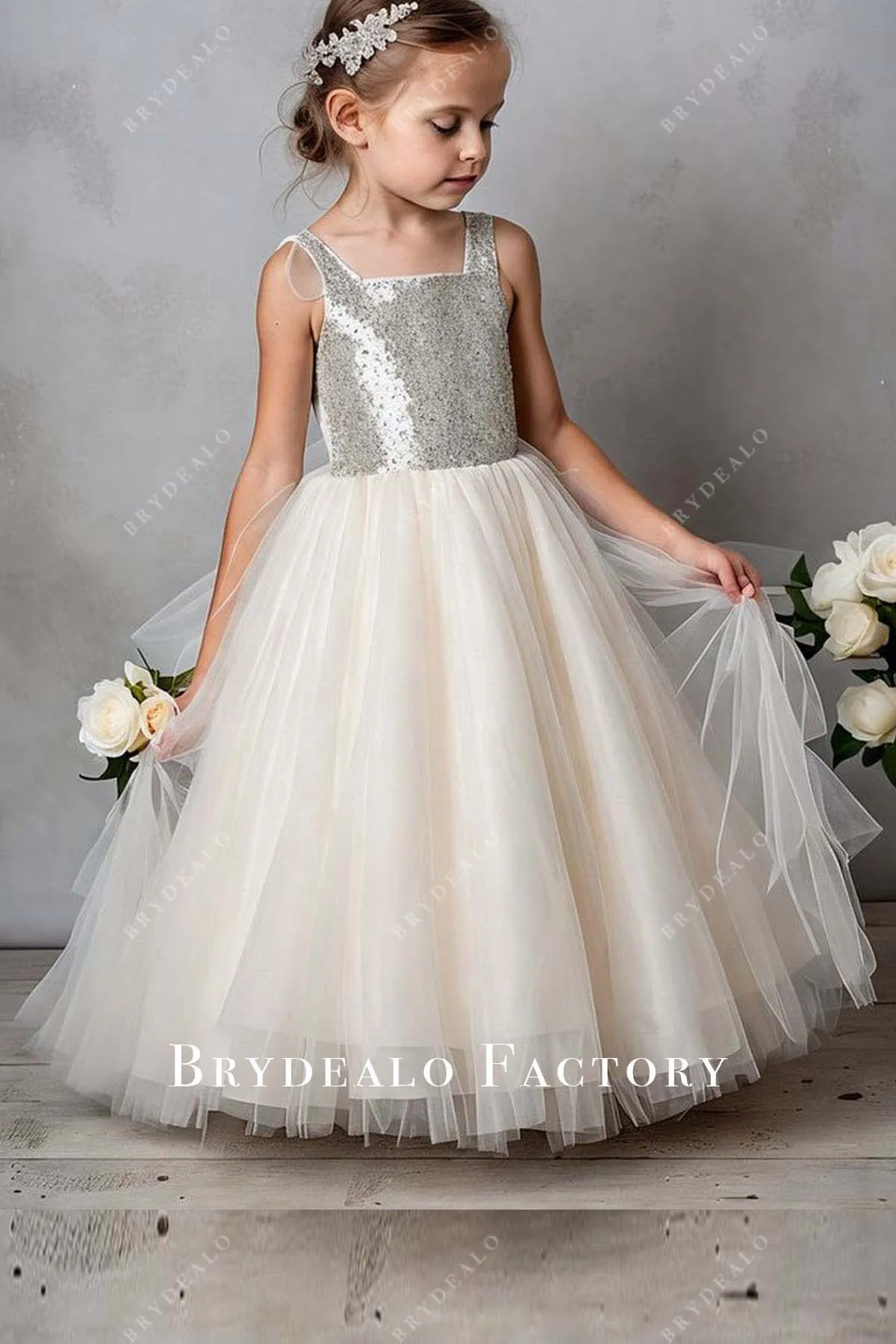 Two-Tone Sequined Layered Tulle Flower Girl Dress