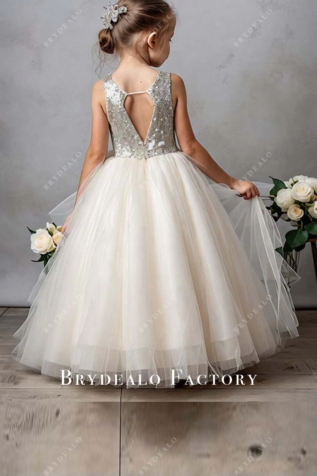 Two-Tone Sequined Layered Tulle Flower Girl Dress