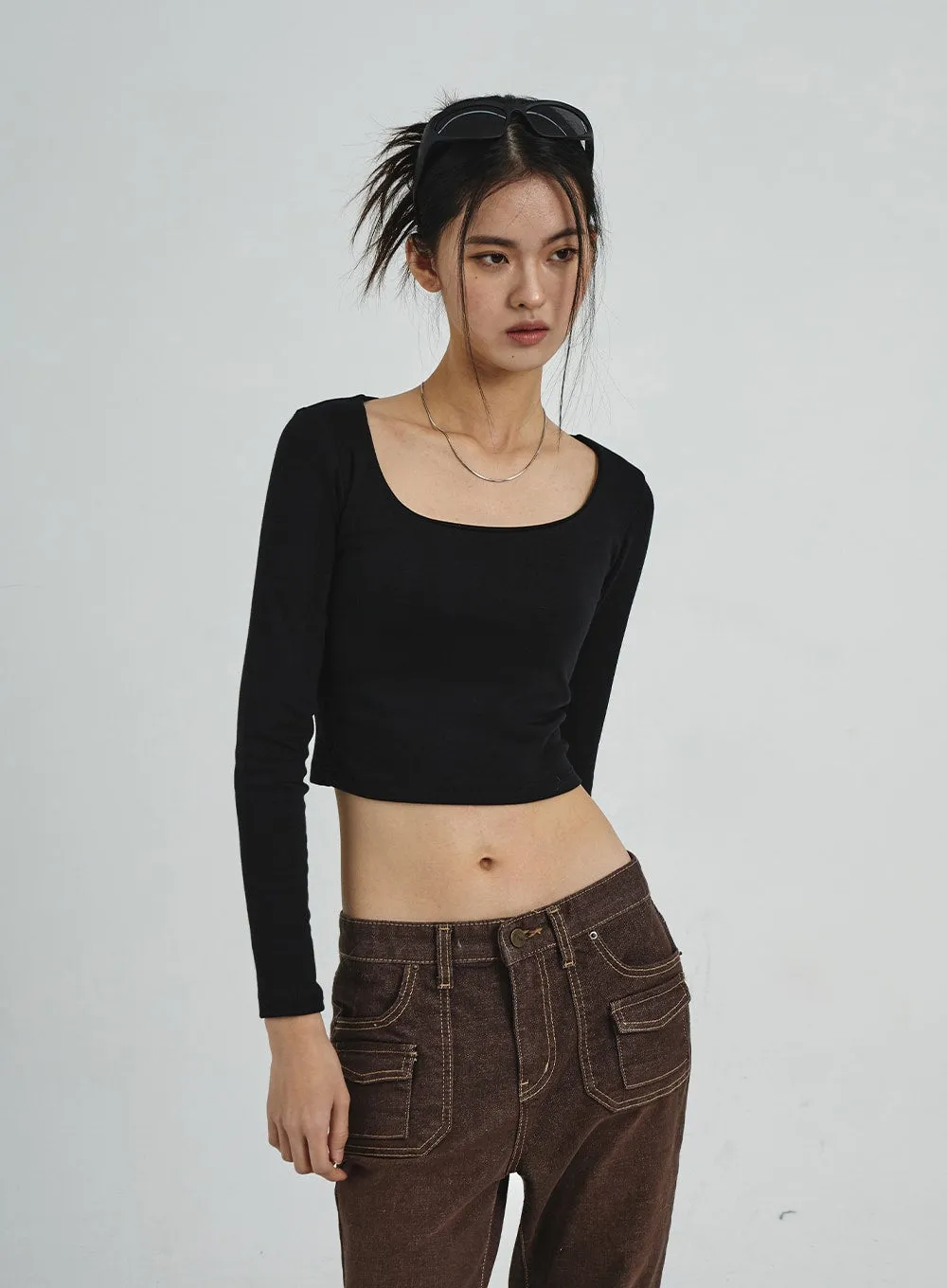 U-Neck Long Sleeve Crop Top CD02