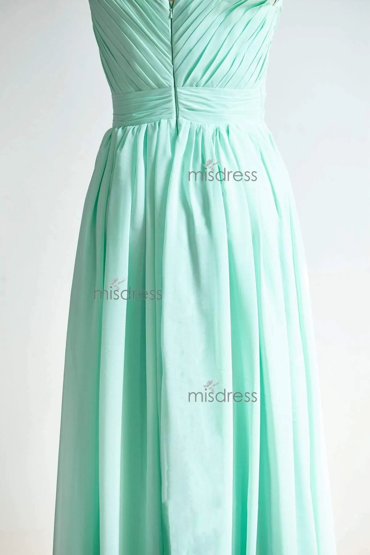 V Neckline Mint Chiffon Floor Length Wedding Bridesmaid Dress