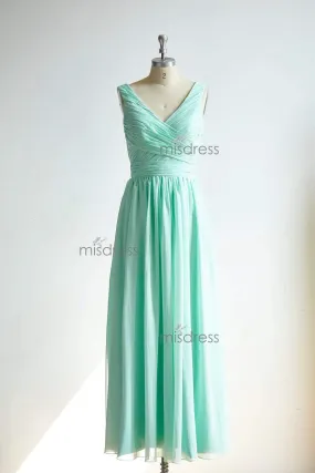 V Neckline Mint Chiffon Floor Length Wedding Bridesmaid Dress