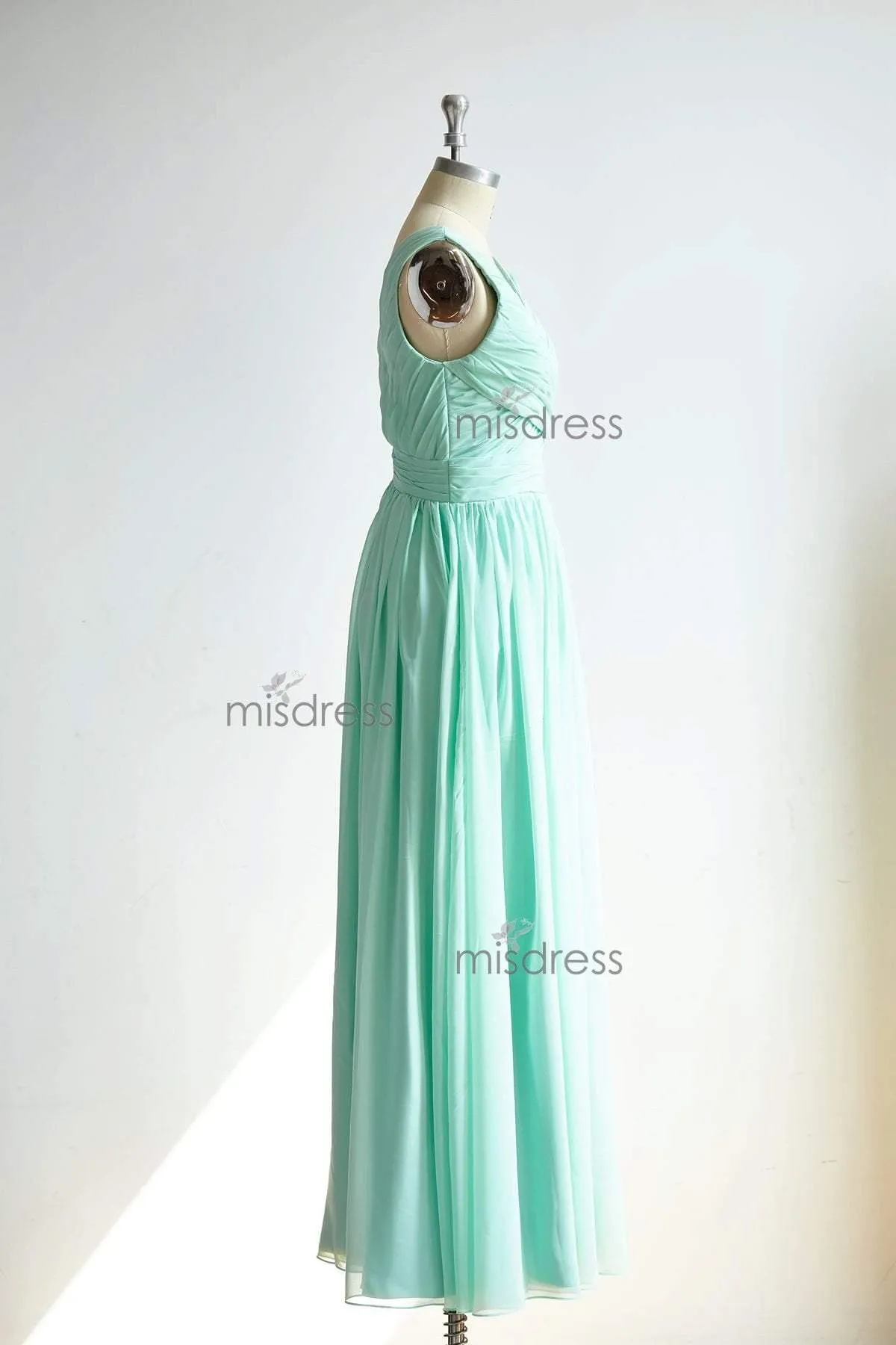 V Neckline Mint Chiffon Floor Length Wedding Bridesmaid Dress